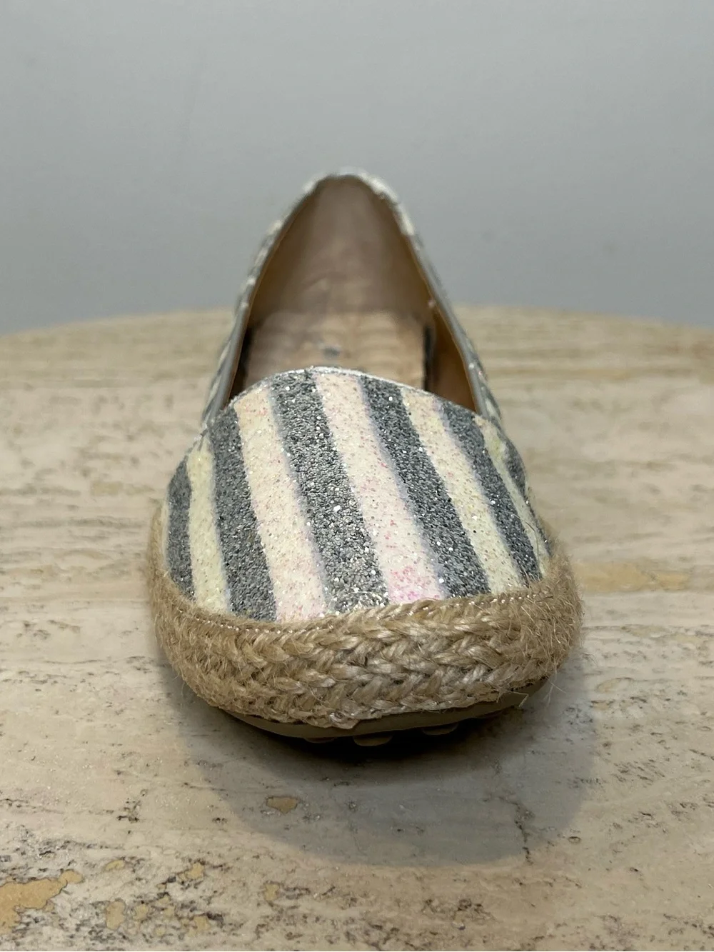 Joan Boyce Glitter Striped Espadrille Flats in Silver and Beige Size 8.5W